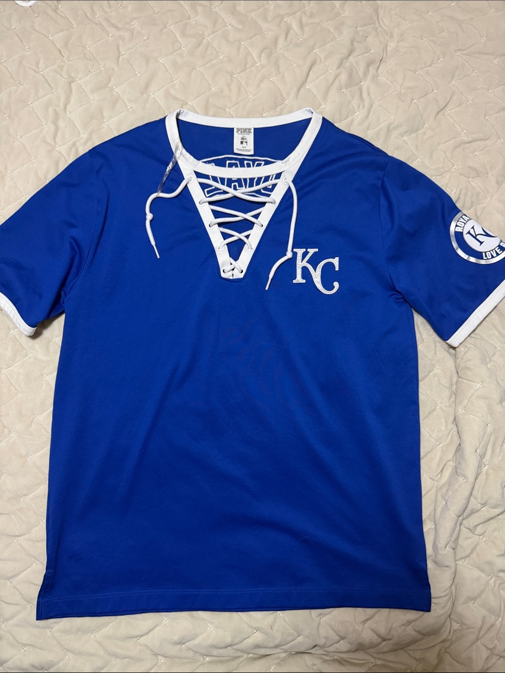 PINK Victoria's Secret Royal Blue Lace-Up V-Neck Tee with White Trim